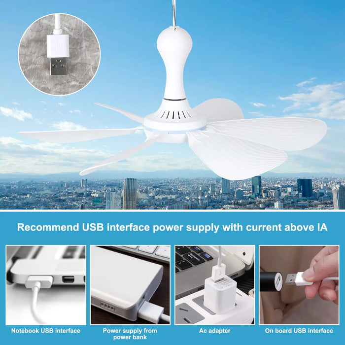 Silent 6 Leaves USB Powered Ceiling Canopy Fan with Remote Control Timing 4 Speed Hanging Fan for Camping Bed Dormitory Tent New