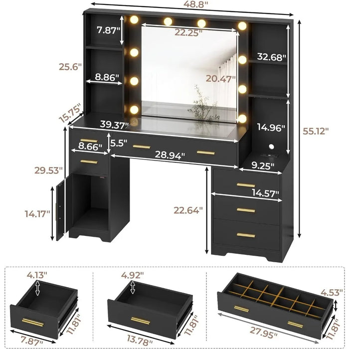 48.8'' Large Vanity Desk with Lighted Mirror & Power Outlet, Black Makeup Vanity Table with 6 Drawers, 4 Shelves and 1 Storage