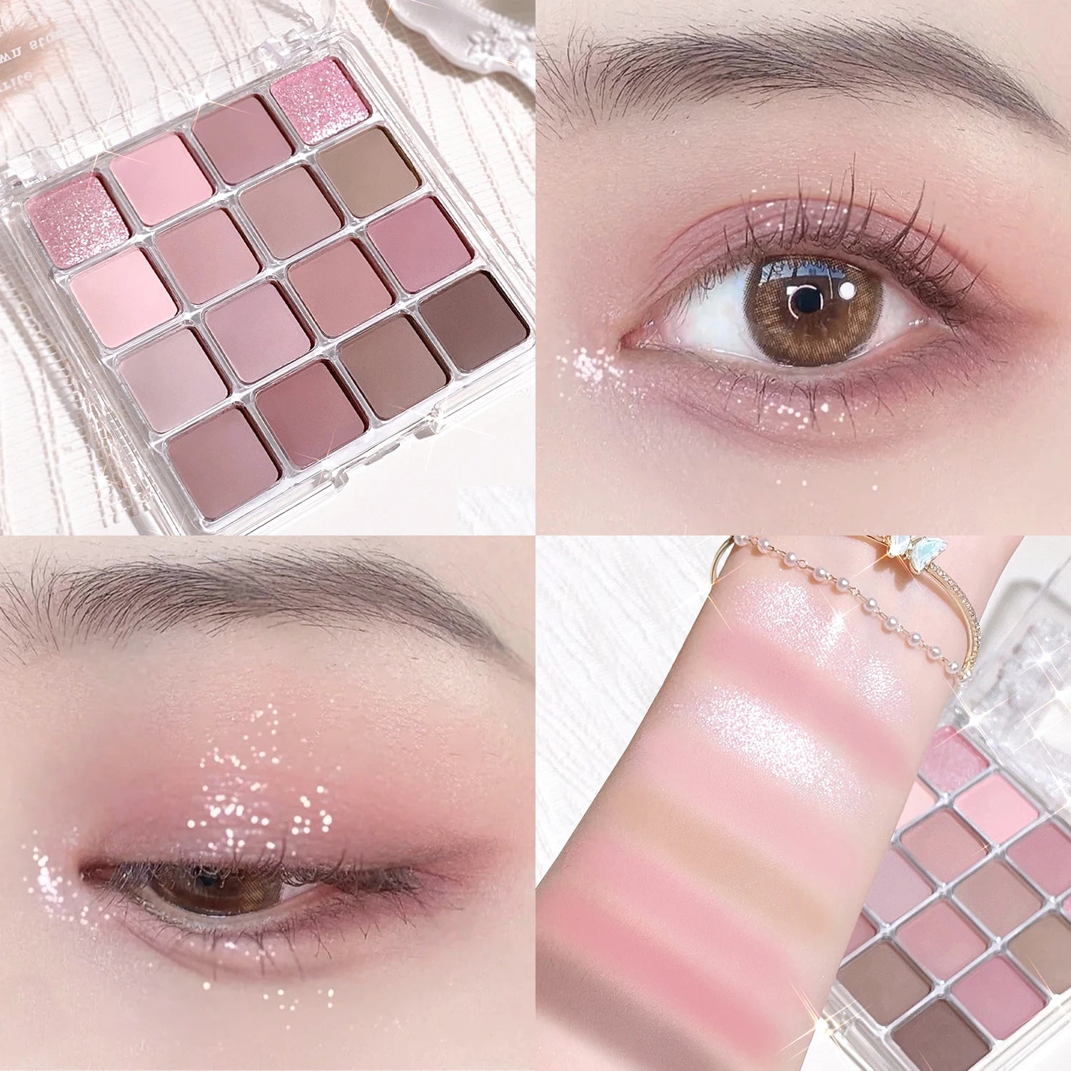 16 color eyeshadow palette - Glitter, matte and shimmer finish in gentle fall and winter tones of blue, brown, coral and pink