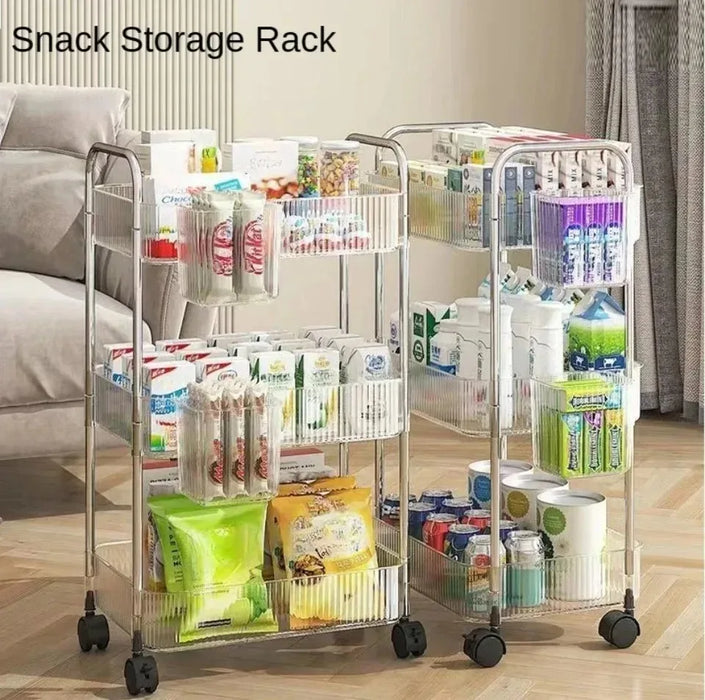 Light Luxury Storage Rack Trolley 2/3/4 Layers Transparent Acrylic Rolling Cart With Removable Hanging Baskets Snacks Bookshelf