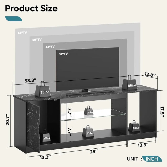 TV Stand ,Modern Gaming Entertainment Center with Cabinet for 60/65 Inch TV, TV Console with Adjustable Glass Shelf Black Marble