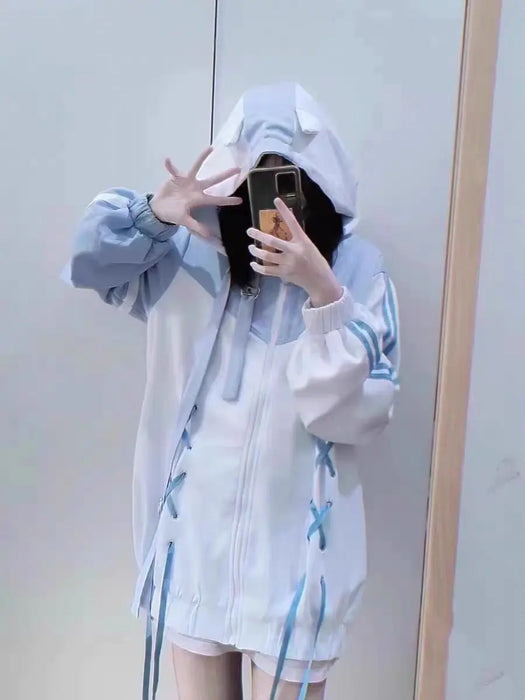 Japanese Kawaii Clothing Harajuku Goth Sweet Stitch Long Sleeved Top Anime Hoodie Cute Oversized Zipper Hooded Sweatshirt Women