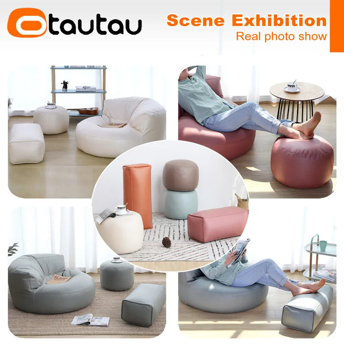 OTAUTAU Small Round Faux Leather Ottoman Stool Beanbag Pouf Footstool Stuffed Bean Bag Footrest Floor Corner Seat Puff JD004