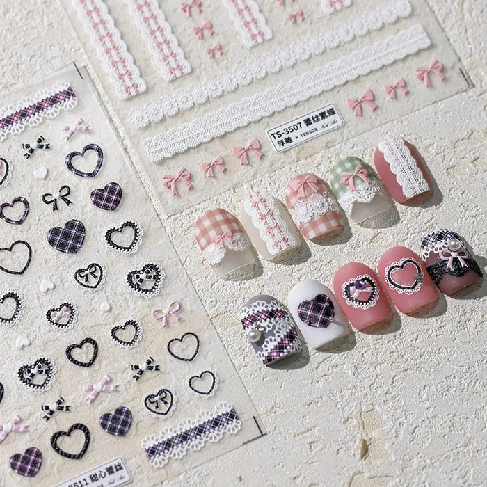 1pcs Sweet Pink Bowknot Black Lace Heart Nail Stickers 3D Self Adhesive Nail Art Stickers Manicure Decorations Decals DIY Parts