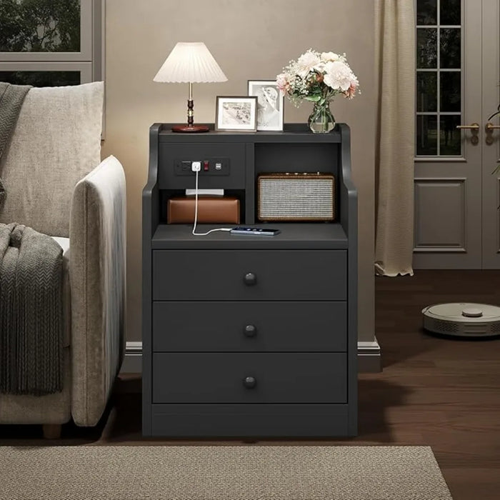 Black Nightstand with Charging Station 3 Drawers, Wood Sofa End Side Table with USB Ports and Outlet