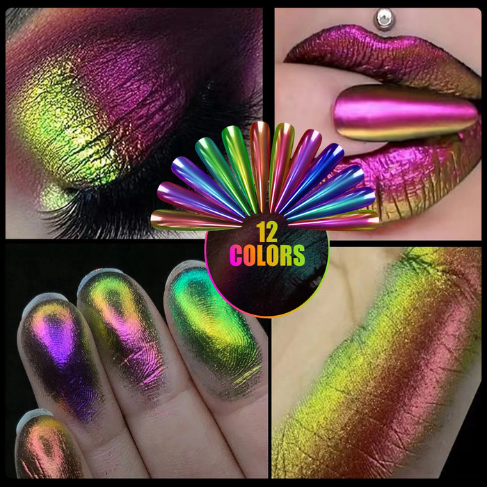 12 Colors Chameleon Metallic Mirror Nails Powder Gold/Blue/Green Super Bright Nails Glitter Rubbing Dust Chrome Nail Powder */Q8