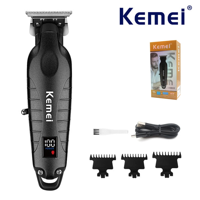 Kemei KM-2293 Professional Hair Trimmer Machine Zero Gapped Full Metal DLC T-Blade Finishing Machine USB LED Man's Hair Clipper