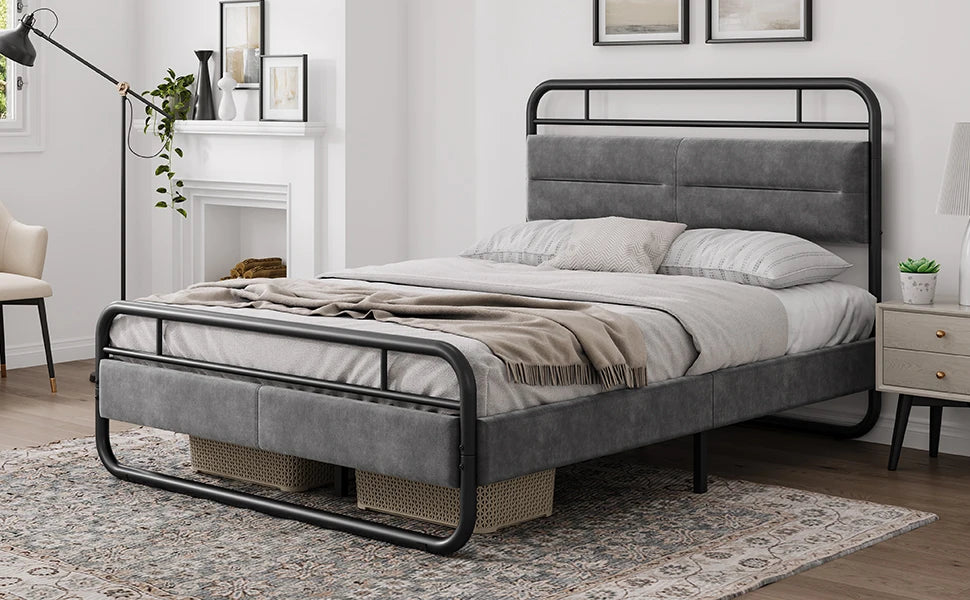 Queen Bed Frame Heavy Duty Metal Bed with Curved Upholstered Headboard Dark Grey Queen Beds