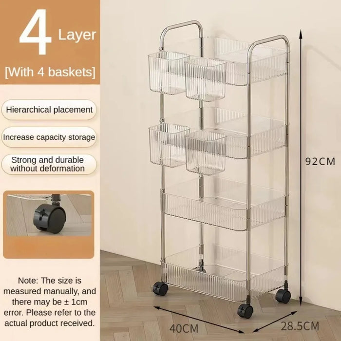 Transparent Storage Rack Trolley 4 Layers Acrylic Rolling Cart With Removable Hanging Baskets Acrylic Snacks Makeup Bookshelf