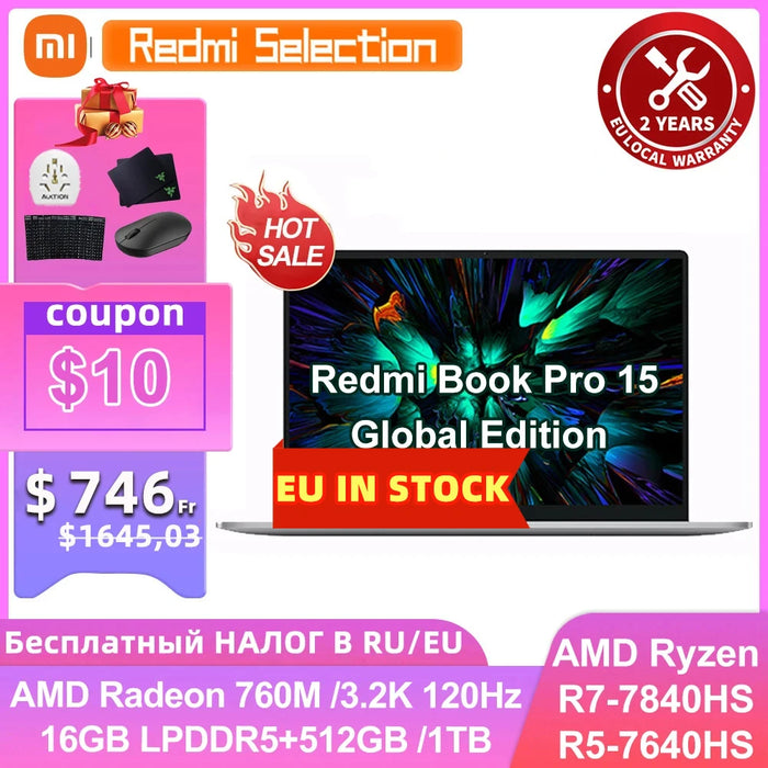 2023 Xiaomi Laptop Redmi Book Pro 15  Ryzen R5-7640HS/R7-7840HS AMD 780M/760M 16G RAM 512G/1T 15.6Inch 3.2K 120Hz  Mi Notebook