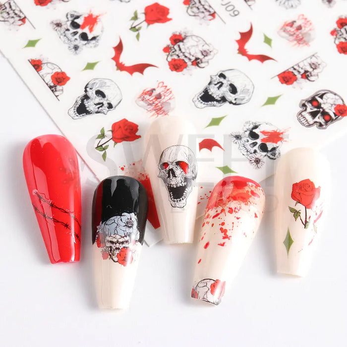 3D Halloween Nail Stickers Decals Skull Flower Evil Eyes Spider Pumpkin Bat Horror Theme Manicure Slider DIY Nail Art BESWJ07-18