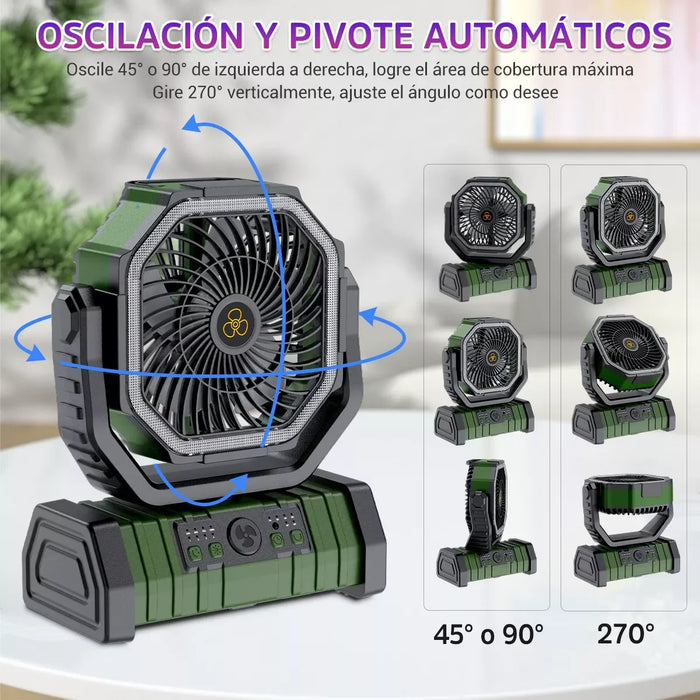 10000 mAh, ventilador portátil recargable, ventilador oscilante con gancho de rotación de 360° para tiendas de campaña, ventilad