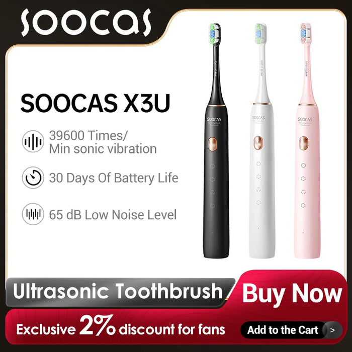 SOOCAS X3U Ultrasonic Electric Toothbrush Adult Timer Brush 4 Mode USB Charger Rechargeable Tooth Brushes Replacement Heads Set