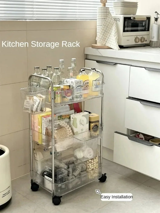 Light Luxury Storage Rack Trolley 2/3/4 Layers Transparent Acrylic Rolling Cart With Removable Hanging Baskets Snacks Bookshelf