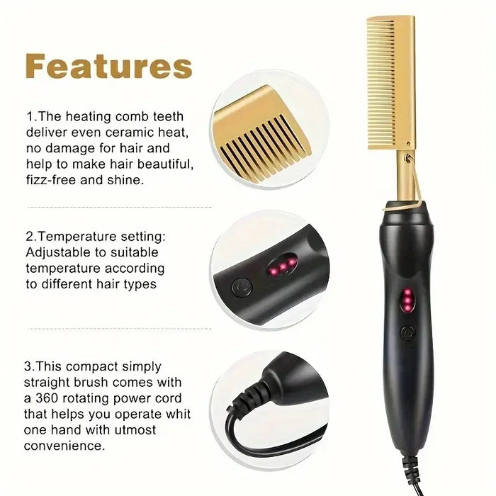 Multi Functional Electric Copper Comb Straightener, Dual-purpose for Comb, Perm Stick, Curly and Straight Hair