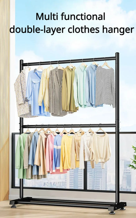 Clothing Rack Double Layers Folding Wardrobe With Wheels Placed On The Ground Living Room Shelf Home Furniture Drying Coat Rack