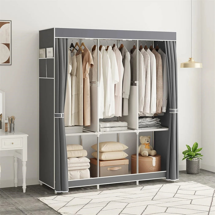 Wardrobe Closet Clothes Organizer with Oxford Cloth Fabric Storage Shelves+Hanging Sections+Side Pockets & Easy to Assemble