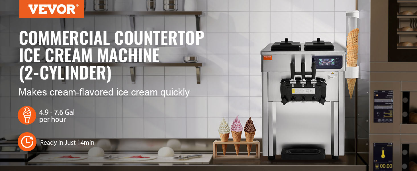 VEVOR Commercial Ice Cream Machine 18-28 L/H Yield 1850W 3-Flavor Countertop Soft Serve Ice Cream Maker Stainless Steel Cylinder