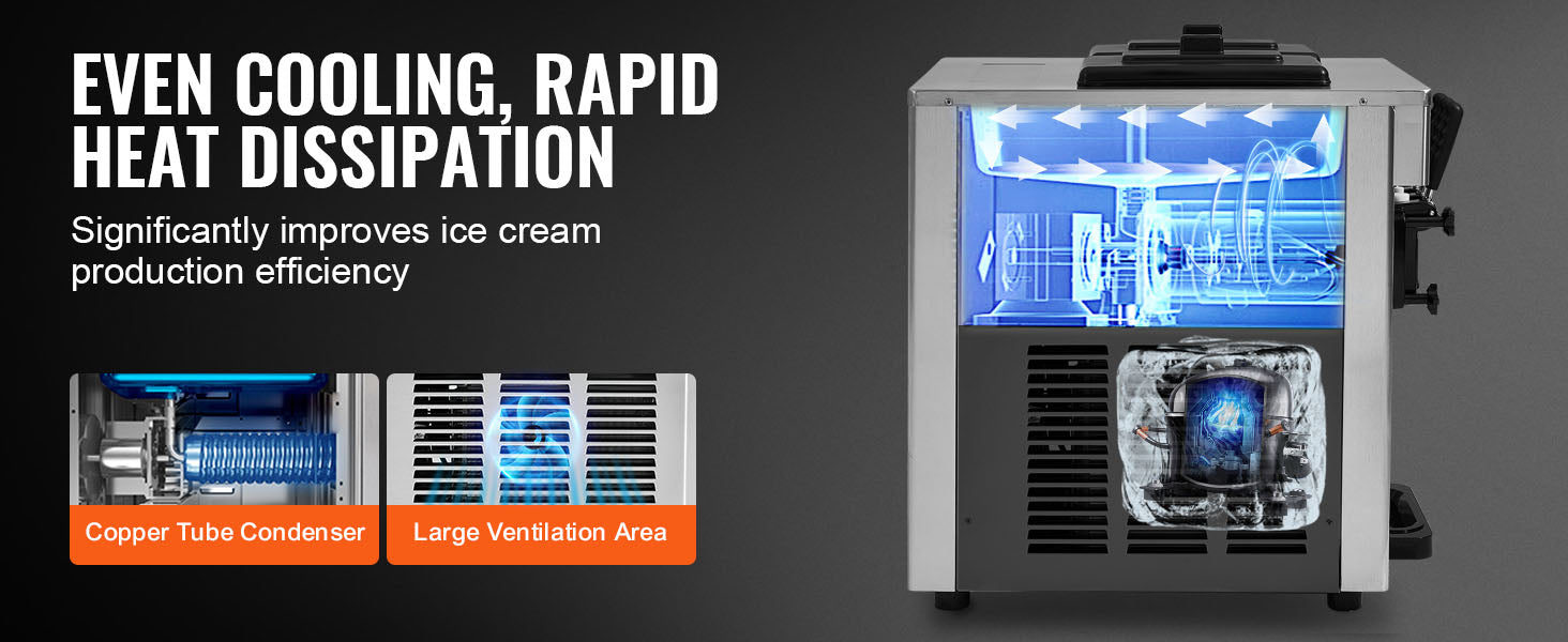 VEVOR Commercial Ice Cream Machine 18-28 L/H Yield 1850W 3-Flavor Countertop Soft Serve Ice Cream Maker Stainless Steel Cylinder